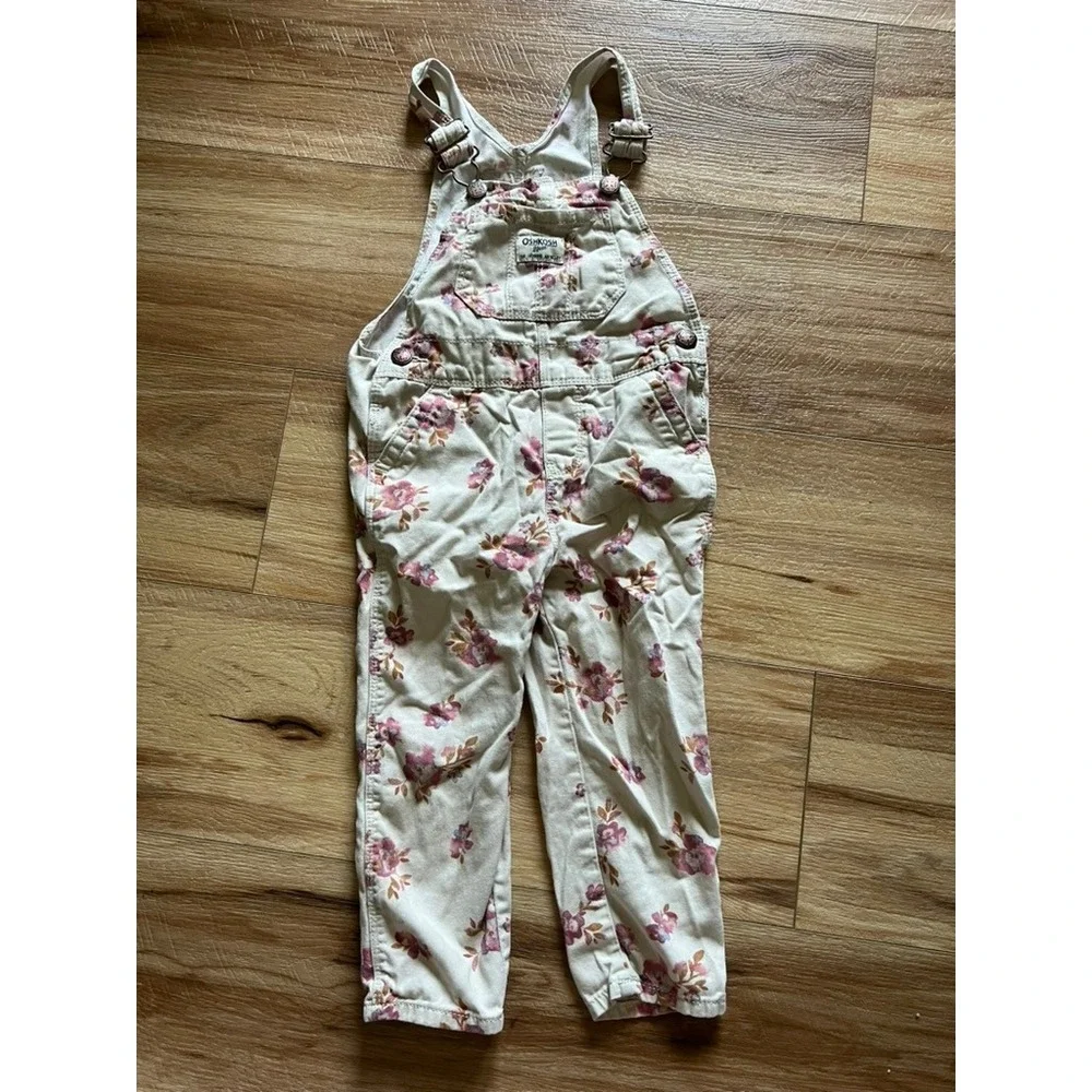 OshKosh B'gosh Corduroy Overalls Toddler 3T Cream Floral Print Cotton Bibs